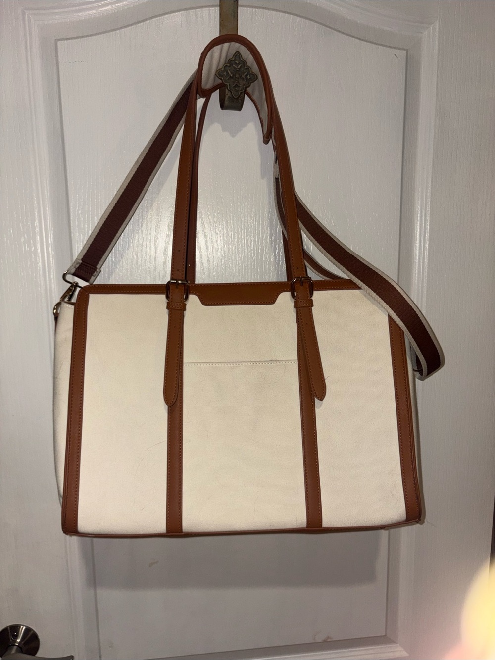Cream Canvas Duffel Tote with Brown Leather Trim
